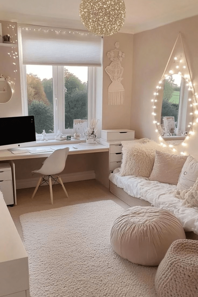 “Cozy feminine bedroom with blush pink accents, fluffy throw pillows, string lights around a mirror, white desk with computer, and soft textured rug creating a warm and inviting atmosphere.”