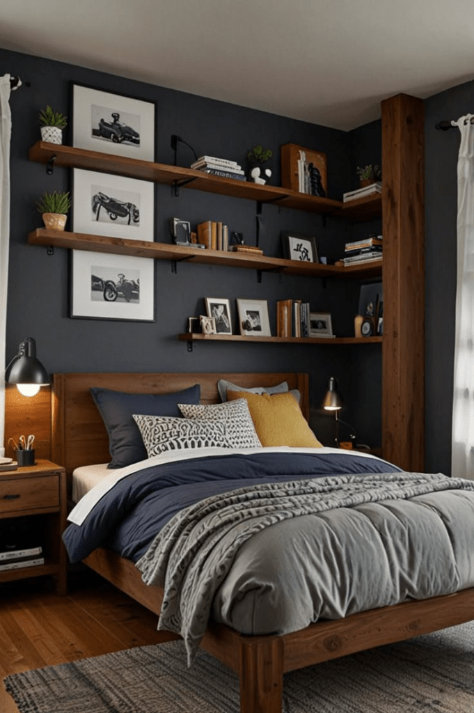 “Modern masculine bedroom with dark navy accent wall, wooden bed frame, layered bedding in gray and navy, floating wood shelves styled with books, plants, and black-and-white photography.”