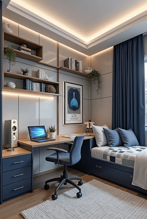 “Modern small bedroom with built-in desk, navy blue drawers and daybed, floating shelves with decor, soft LED ceiling lighting, and large window with dark curtains.”