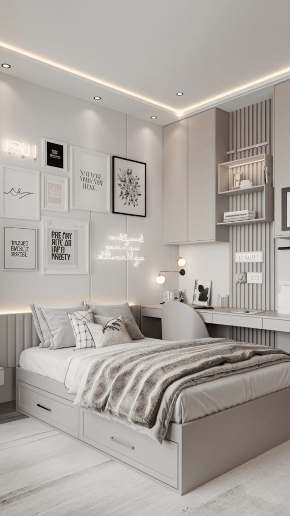 “Minimalist bedroom with built-in desk, neutral gray tones, bed with storage drawers, wall gallery of framed prints, and soft LED lighting creating a cozy modern atmosphere.”