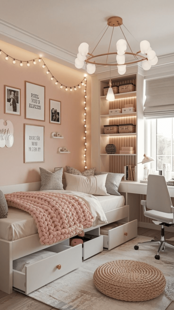“Cozy feminine bedroom with blush pink accent wall, string lights, bed with built-in storage drawers, chunky knit blanket, and a study desk by the window with shelving and warm decor.”
