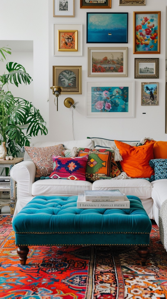 This image showcases a beautifully eclectic living space, brimming with character and color. The walls are adorned with a variety of framed artwork, creating an intriguing gallery wall that immediately catches the eye. A plush white sofa, accented with an assortment of patterned throw pillows, invites relaxation, while the striking turquoise ottoman serves as a bold centerpiece. The room is layered with rich, colorful rugs that add warmth and texture to the hardwood floor. Lush green plants bring a touch of nature indoors, enhancing the room's welcoming atmosphere. The carefully curated décor pieces and furniture come together to create a living room that is both cozy and stylish, reflecting a personal and well-traveled aesthetic.