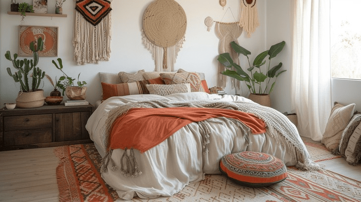 This inviting bedroom is a perfect blend of bohemian charm and modern comfort. The room is adorned with macramé wall hangings, a selection of potted greenery that brings life and freshness, and a bed dressed in soft, layered bedding with a mix of patterns and textures. The use of warm earth tones combined with the natural light gives this space a tranquil, yet vibrant atmosphere where one can relax and find peace.