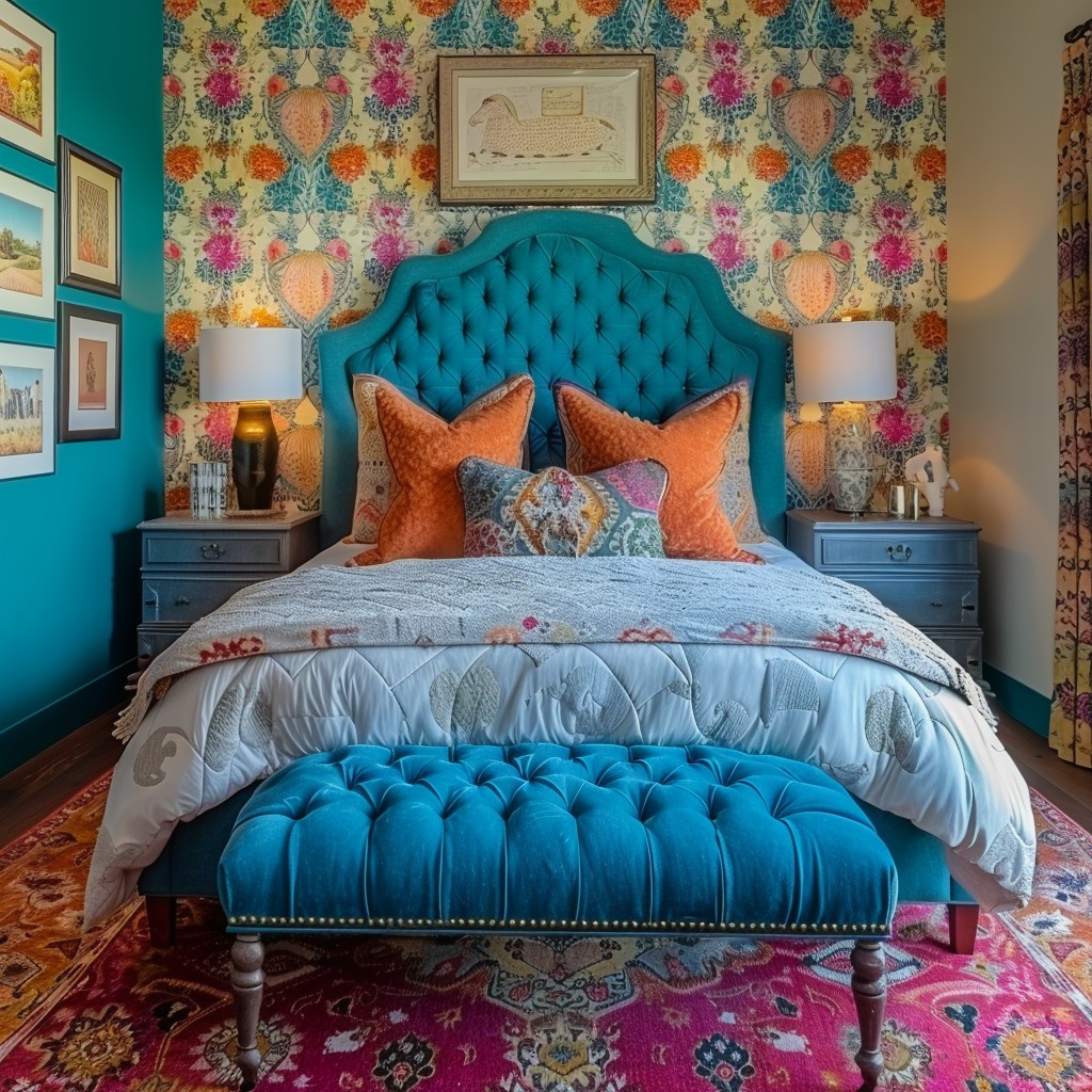 This image captures the essence of a luxuriously decorated bedroom. The striking teal upholstered bed and matching bench at the foot create a rich focal point, complemented by vibrant orange throw pillows. The bold floral wallpaper provides a backdrop full of character, while the room also features elegant wood flooring and a carefully curated selection of framed artwork. The use of bright, contrasting colors and patterns exudes a sense of energy and warmth within the space, inviting one to rest and rejuvenate.
