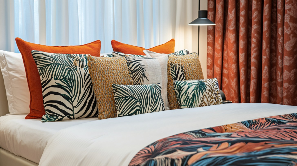 This meticulously decorated bedroom showcases a perfect blend of style and comfort. The bed is covered in a beautiful, patterned duvet that adds a splash of color and texture, complemented by vibrant orange cushions that lend a cheerful pop. The hanging lamp provides a modern touch, while the lush curtains frame the window, enhancing the room’s cozy and welcoming ambiance. This room is a perfect example of interior design harmonizing elements to create a restful yet stylish space.