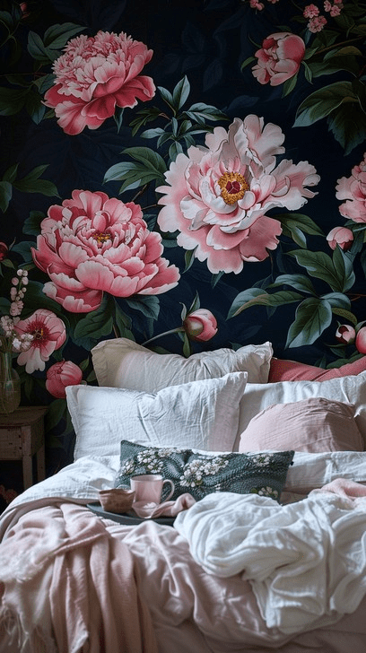 This beautifully composed photograph captures the sheer elegance of a bedroom adorned with an eye-catching, large-scale floral wallpaper that provides a stunning backdrop. The perfectly unmade bed, with its plush white and pink bedding, radiates comfort and serenity, while the carefully placed pillows and the casually draped throw blanket invite one to relax. The soft lighting enhances the ambience, creating a tranquil haven that artfully blends patterns and textures for a sophisticated retreat.