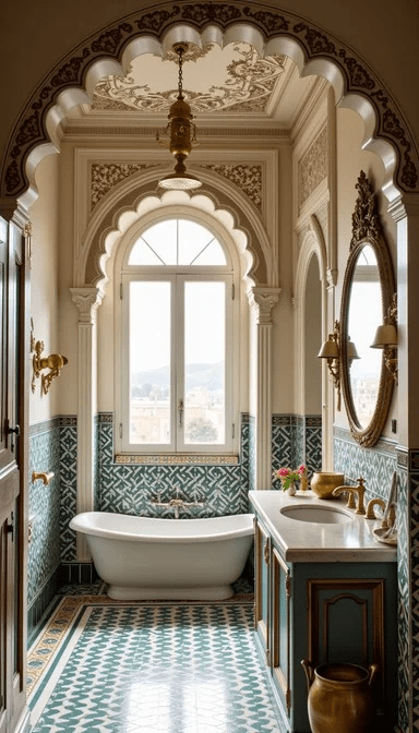 Stepping into this serene bathroom is like visiting an ancient Mediterranean palace. Ornate Moorish arches frame a freestanding bathtub, while hand-painted tiles in ivory and Aegean blue create a geometric pattern across the floor and walls. Golden fixtures gleam in the soft natural light filtering through a frosted window, casting gentle shadows across the space. An elaborate mirror reflects the elegant surroundings, enhancing the sense of spaciousness. Byzantine-inspired mosaic details in antique gold and warm gray add cultural richness to this timeless sanctuary where traditional craftsmanship meets luxurious comfort.