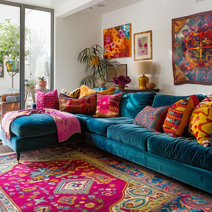 A modern boho living room with a clean, neutral color palette and natural textures. The decor features a comfortable sofa with minimalist throw pillows, a jute or berber-style rug, light wood furniture, and carefully selected houseplants, creating a trendy, airy, and sophisticated bohemian look.