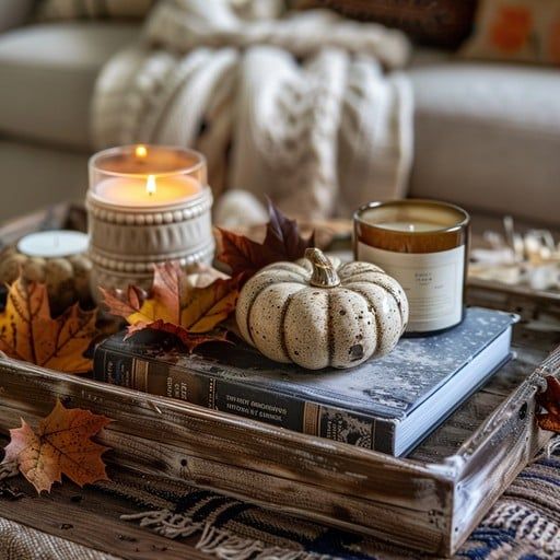 “Rustic fall coffee table tray styled with white speckled pumpkin, candles in ceramic and glass jars, autumn leaves, and a vintage book layered with cozy knit blankets in the background.”