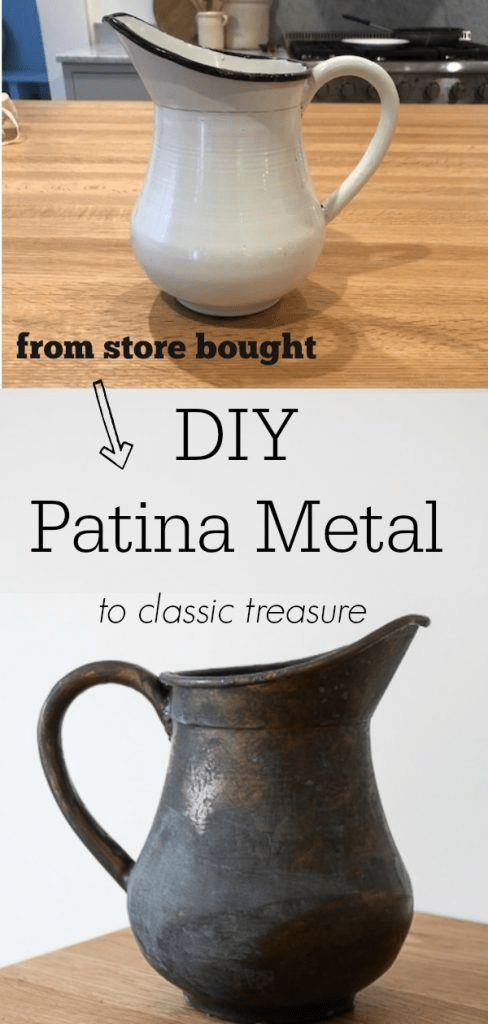 "DIY patina metal effect transformation showing before and after of a plain store-bought ceramic pitcher turned into a rustic antique-style treasure.