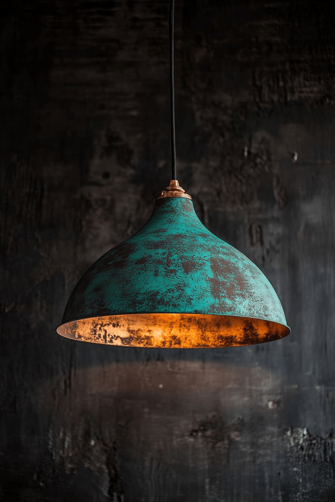 "Industrial pendant light with rustic turquoise patina finish and warm glowing interior, hanging against a dark textured wall."