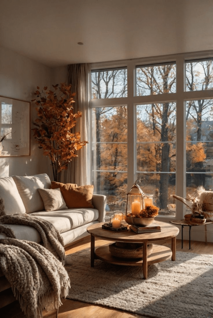 “Cozy autumn living room with large floor-to-ceiling windows, neutral sofa with warm throw pillows, rustic wooden coffee table styled with candles and fall decor, beige textured rug, and autumn foliage outside creating a warm seasonal atmosphere.”