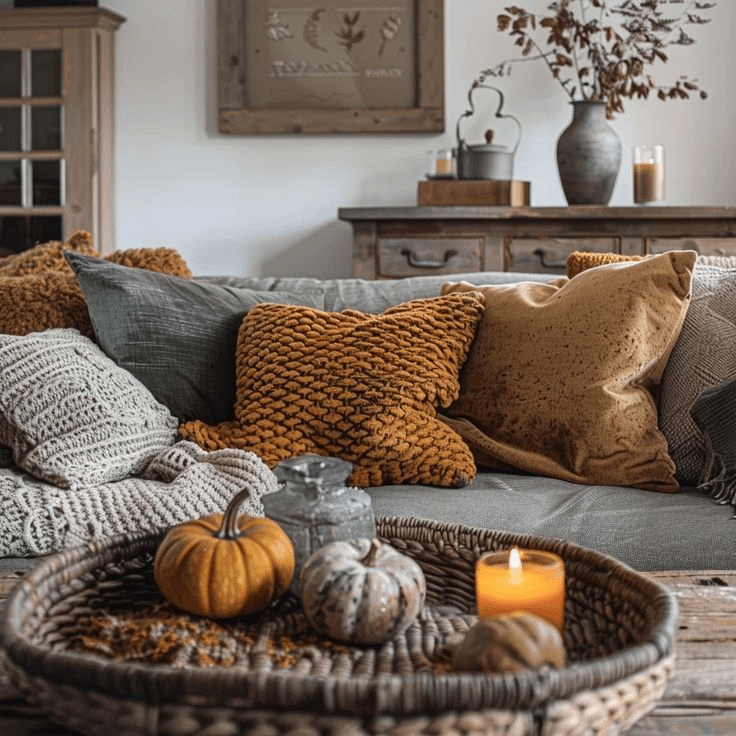 “Rustic fall living room decor with cozy textured pillows in mustard yellow, beige, and gray, woven tray centerpiece holding mini pumpkins, candle, and glass jars on a wooden coffee table, styled with autumn accents for a warm seasonal atmosphere.”