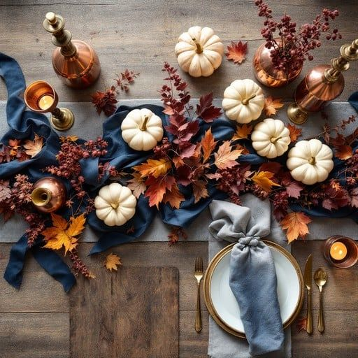 “Elegant fall table setting with white pumpkins, golden flatware, navy blue napkins, autumn leaves, and copper accents on a rustic wooden table, styled for a cozy Thanksgiving or autumn dinner party.”