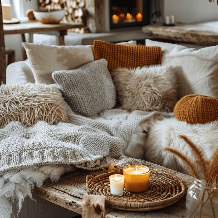“Cozy fall living room with layered knit blankets, textured throw pillows in cream and mustard tones, rustic wooden coffee table with lit candles, and warm autumn farmhouse decor creating a hygge-inspired atmosphere.”