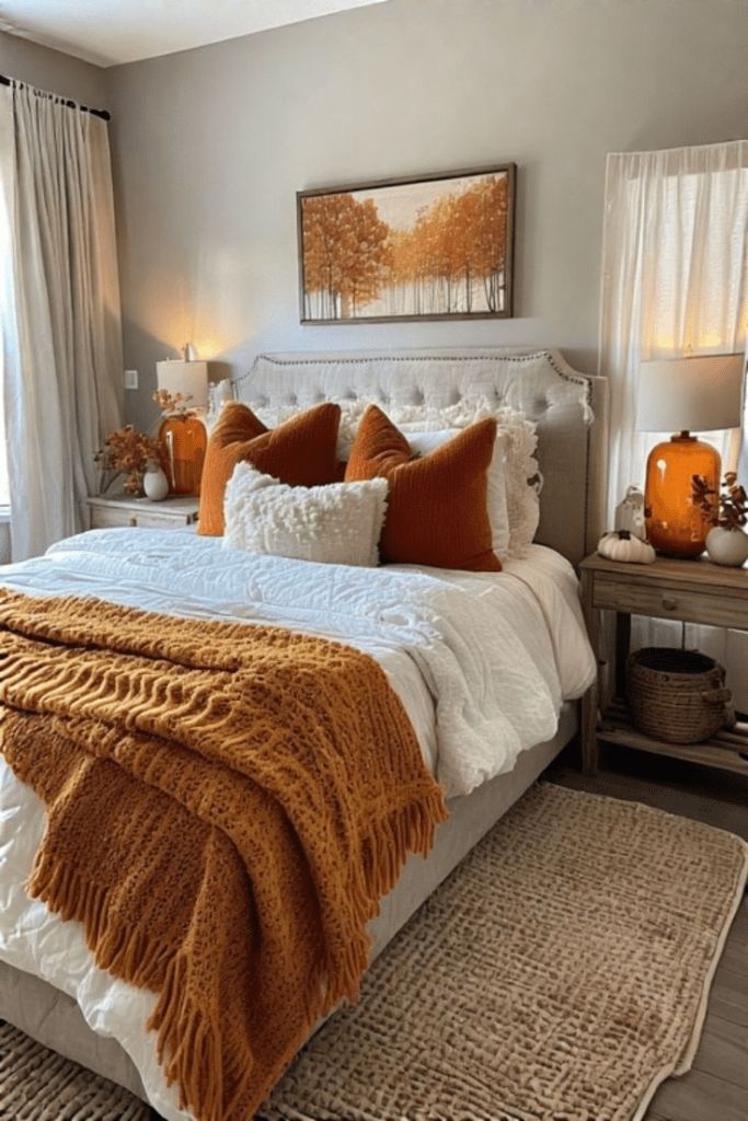 “Cozy fall bedroom with neutral upholstered bed, burnt orange throw pillows, chunky knit mustard blanket, autumn wall art, rustic nightstands with amber glass lamps, and seasonal decor creating a warm autumn retreat.”