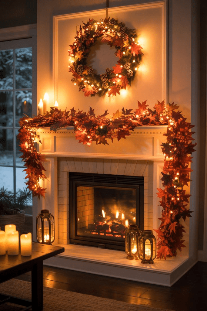 “Cozy fall fireplace decorated with glowing autumn leaf garland, pinecone wreath with string lights, lanterns, and candles creating a warm seasonal ambiance.”