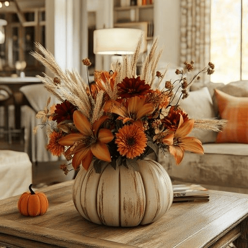 “Rustic fall floral arrangement with orange lilies, chrysanthemums, and pampas grass in a white pumpkin vase, styled on a wooden coffee table for cozy autumn home decor.”