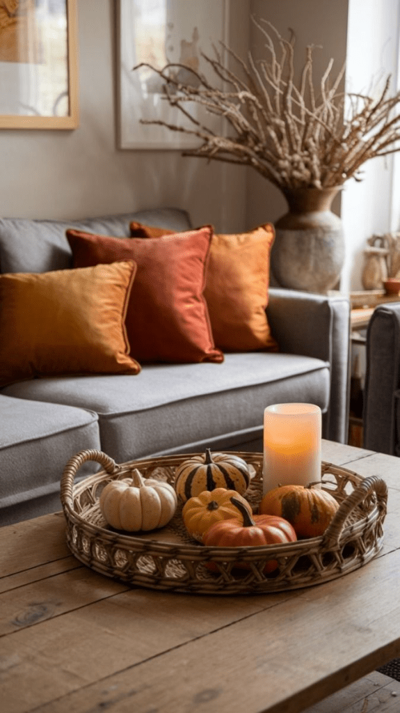 “Warm fall living room with gray sofa, burnt orange and rust throw pillows, rustic wooden coffee table styled with wicker tray, assorted mini pumpkins, and glowing candle centerpiece.”