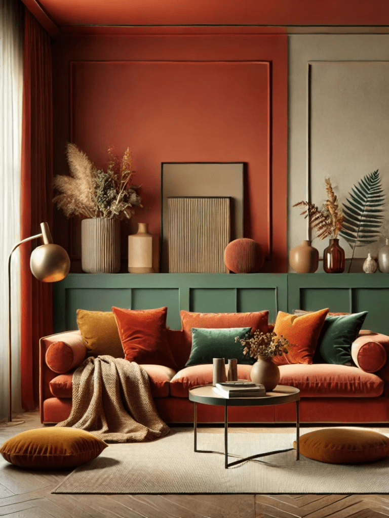 "Warm modern living room with burnt orange velvet sofa, green accent pillows, and earthy fall home decor in terracotta and mustard tones. Cozy interior styled with pampas grass, ceramic vases, layered wall panels, and a round coffee table for a chic autumn-inspired living space."