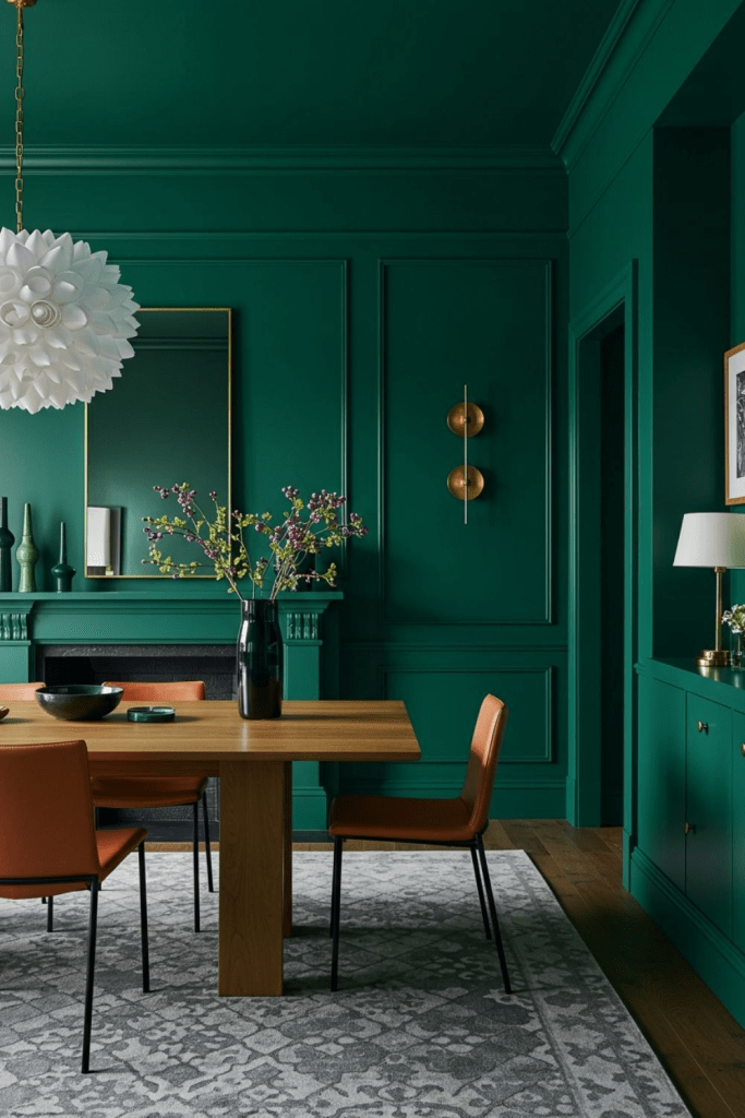 "Elegant green dining room with dark emerald walls, modern wood dining table, and burnt orange leather chairs. Stylish interior design featuring a white statement pendant light, gold wall sconces, decorative mirror, and floral centerpiece for a luxurious contemporary dining space."