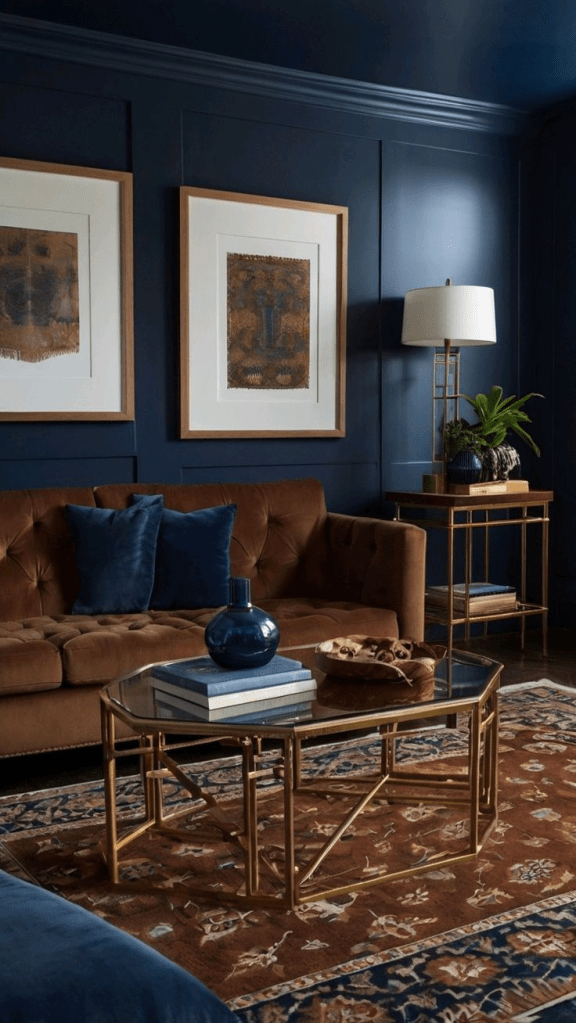 "Luxurious navy blue living room with tufted brown velvet sofa, gold glass coffee table, and modern wall art. Elegant interior design featuring deep blue walls, patterned oriental rug, navy throw pillows, and brass accents for a sophisticated contemporary home decor style."