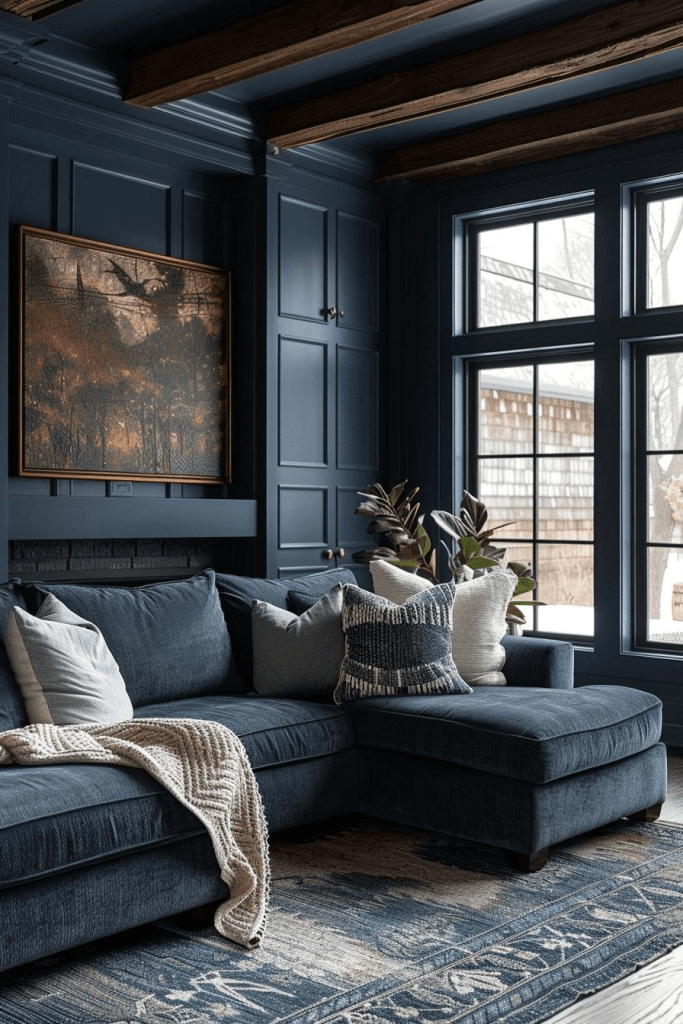 "Cozy navy blue living room with sectional sofa, wooden ceiling beams, and large windows. Warm interior design featuring textured throw pillows, knitted blanket, abstract wall art, and a patterned rug for a modern rustic home decor style."