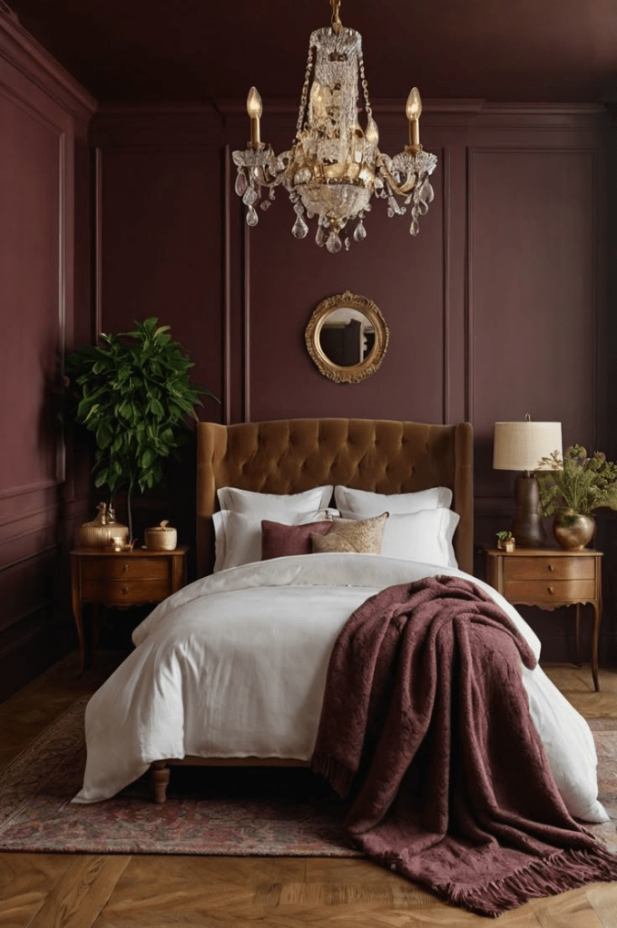 "Luxury bedroom with burgundy paneled walls, tufted velvet headboard, and crystal chandelier. Elegant interior design featuring white bedding with layered throw blankets, wooden nightstands, gold decor accents, and a vintage area rug for a timeless and cozy atmosphere."