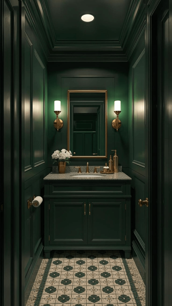 "Elegant powder room with dark green paneled walls, marble countertop vanity, and brass fixtures. Sophisticated small bathroom design featuring patterned tile flooring, gold-framed mirror, wall sconces, and floral decor for a timeless and luxurious style."