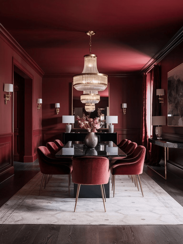 "Modern luxury dining room with burgundy walls, velvet dining chairs, and a black marble table. Elegant interior design featuring crystal chandeliers, gold accents, large wall art, and a light area rug for a sophisticated and glamorous dining experience."
