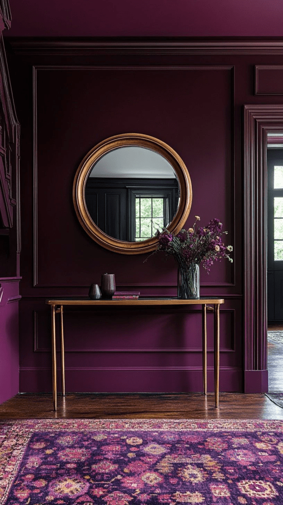"Chic entryway with deep plum walls, round gold-framed mirror, and slim console table. Stylish hallway decor featuring a patterned purple rug, fresh floral arrangement, and modern accessories for a bold and elegant home interior."