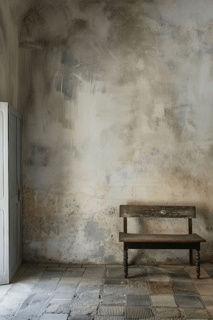 "Rustic minimalist interior with distressed textured wall, vintage wooden bench, and stone tile flooring for a timeworn European farmhouse aesthetic."