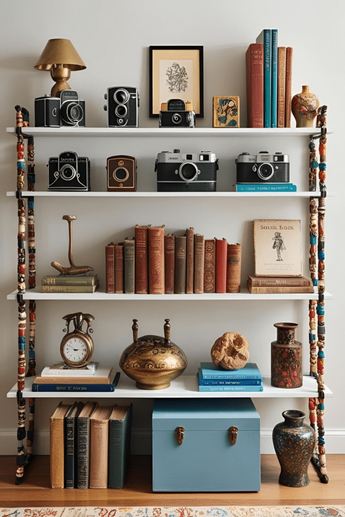 "Eclectic bookshelf styled with vintage cameras, antique books, brass decor, and ceramic vases. Unique home library design featuring retro collectibles, decorative storage, and artistic accents for a creative and personalized interior."