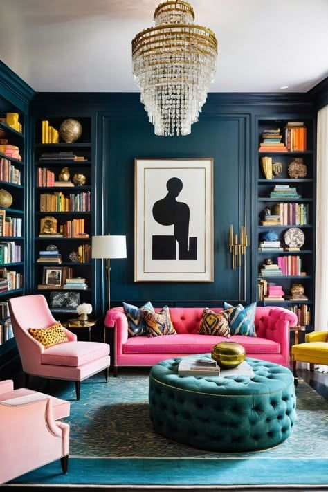 "Eclectic colorful living room with navy blue walls, built-in bookshelves, and a crystal chandelier. Bold interior design featuring a pink velvet sofa, pastel armchairs, teal tufted ottoman, and vibrant decor accents for a playful yet luxurious home style."