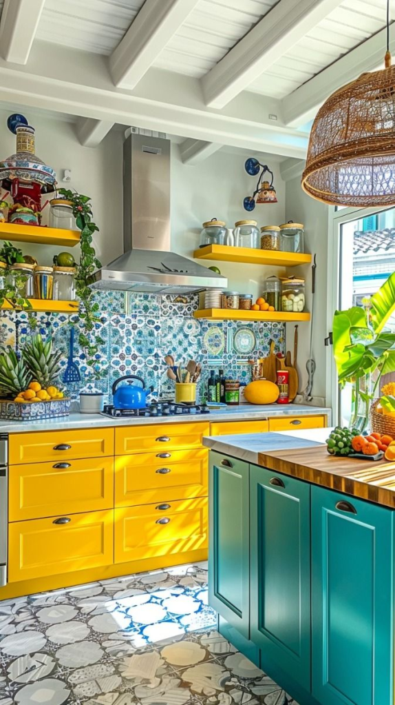 "Eclectic colorful kitchen with yellow cabinets, teal island, and patterned tile backsplash. Bright Mediterranean-inspired kitchen design featuring open shelves with glass jars, wicker pendant light, fresh fruits, and indoor plants for a lively and cheerful home style."