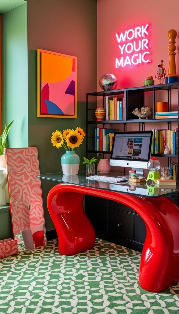 "Colorful modern home office with bold red sculptural desk, neon wall sign, and green patterned rug. Eclectic workspace design featuring glass desk surface, vibrant wall art, open bookshelves with decor accents, and fresh sunflowers for a playful and inspiring atmosphere."