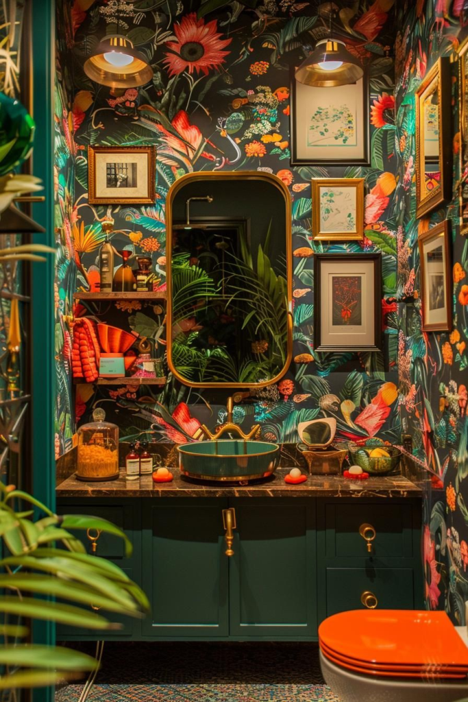 "Eclectic bathroom with bold floral wallpaper, emerald green vanity, and gold accents. Colorful interior design featuring a round vessel sink, brass fixtures, framed wall art, and layered lighting for a dramatic and artistic powder room style."
