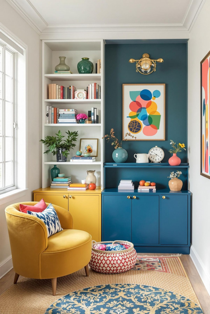 "Colorful reading nook with mustard yellow armchair, built-in bookshelves, and navy blue cabinets. Eclectic interior design featuring vibrant wall art, patterned pillows, woven basket, and decorative vases for a cheerful and modern cozy corner."