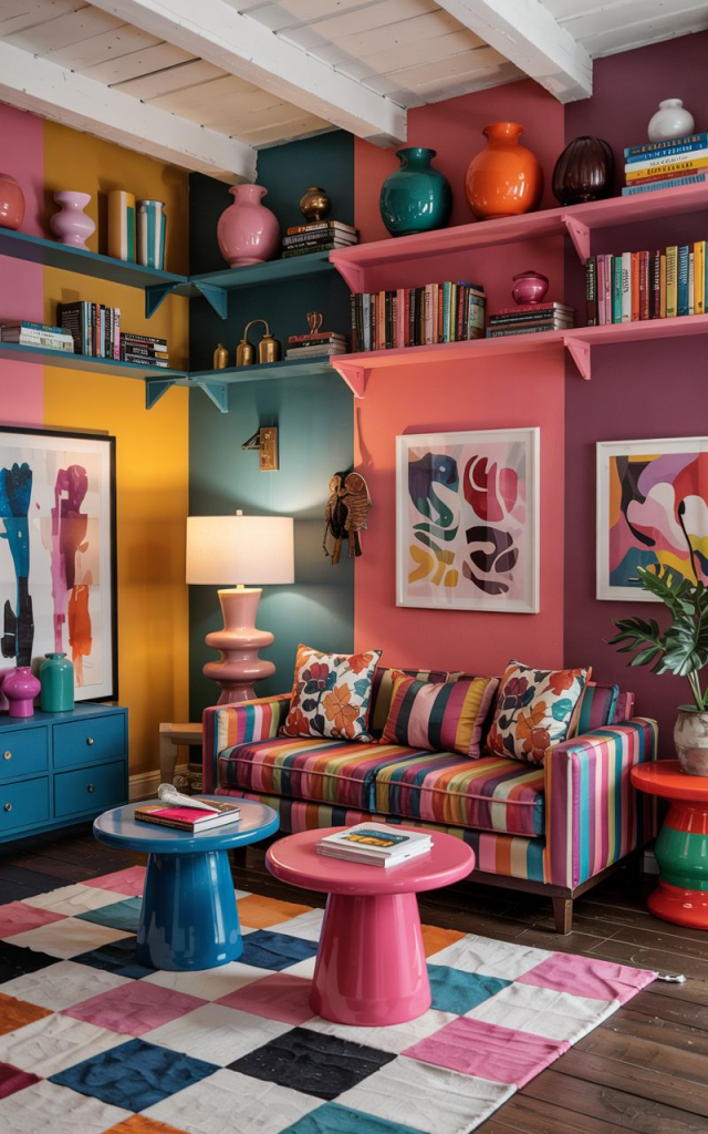 "Eclectic colorful living room with striped sofa, bold wall art, and geometric patchwork rug. Playful interior design featuring pink and blue side tables, open shelves with colorful vases, and mix-and-match decor for a vibrant and artistic home style."