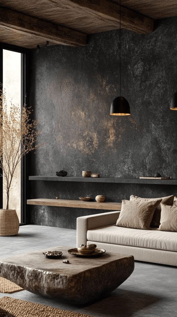 "Modern rustic living room with textured black accent wall, floating wood shelves, stone coffee table, neutral sofa, and warm pendant lighting."