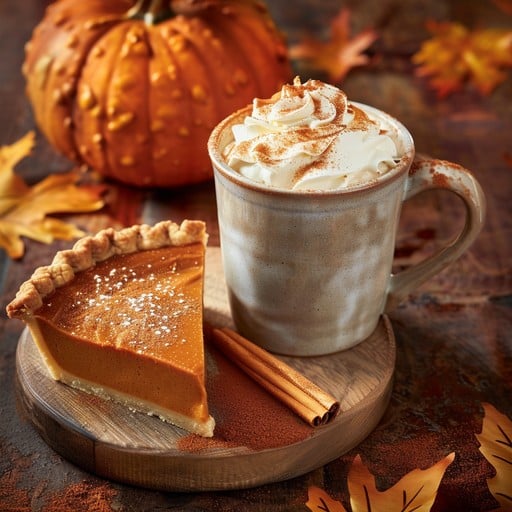 “Homemade pumpkin pie slice served with a pumpkin spice latte topped with whipped cream and cinnamon, surrounded by fall leaves and warm autumn decor. Cozy fall dessert and drink combo perfect for Thanksgiving, Halloween, or autumn gatherings.”