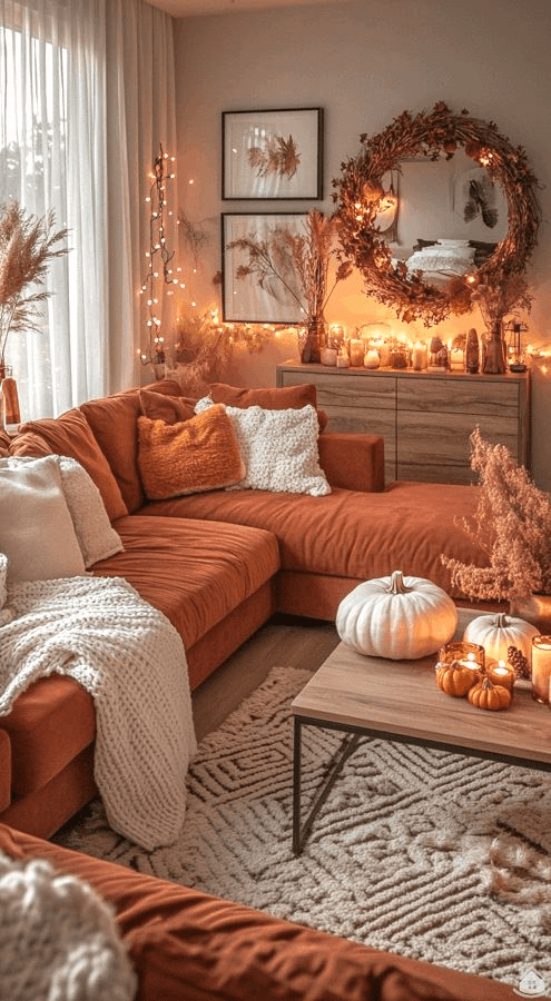 “Cozy fall living room with burnt orange sectional sofa, chunky knit blankets, neutral textured rug, and warm pumpkin decor. Glowing candles, pampas grass, and autumn wreath add a soft, hygge-inspired touch perfect for seasonal home styling.”