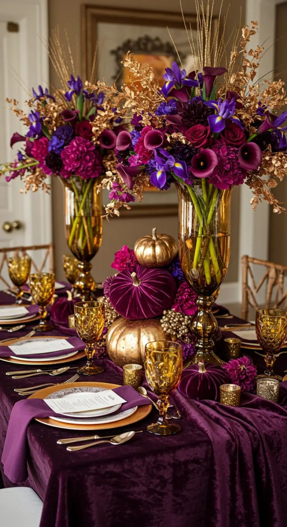 “Elegant fall tablescape with luxurious purple velvet tablecloth, gold pumpkins, amber glassware, and tall floral centerpieces featuring burgundy, plum, and violet blooms. Perfect for a glamorous Thanksgiving or autumn dinner party decor.”