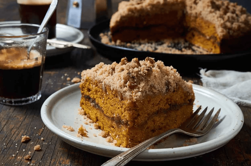 “Slice of moist pumpkin coffee cake with cinnamon streusel topping served on a rustic plate beside a cup of espresso. Perfect fall dessert for cozy autumn mornings, brunch, or Thanksgiving baking inspiration.”