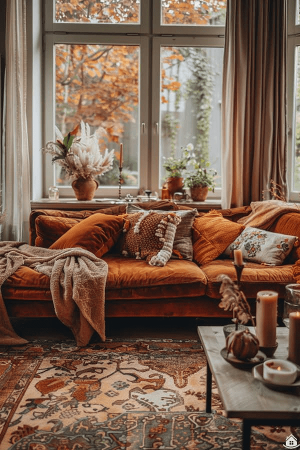 “Cozy fall living room with burnt orange velvet sofa, textured throw pillows, knit blankets, pampas grass arrangement, and candles by large windows framing autumn foliage outside.”