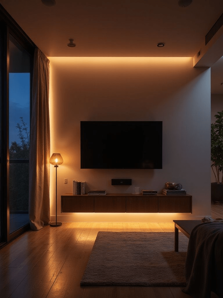 “Modern minimalist living room with LED ambient lighting, wall-mounted TV, and wooden floating console. Warm evening lighting design creates a cozy, elegant atmosphere perfect for relaxing or home entertainment.”