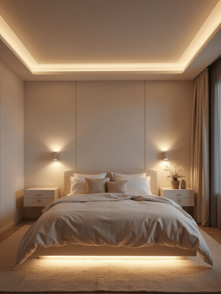 “Modern minimalist bedroom with warm LED ambient lighting, floating bed design, and neutral beige tones. Cozy and elegant lighting setup that creates a serene, spa-like atmosphere perfect for relaxation and modern home decor inspiration.”