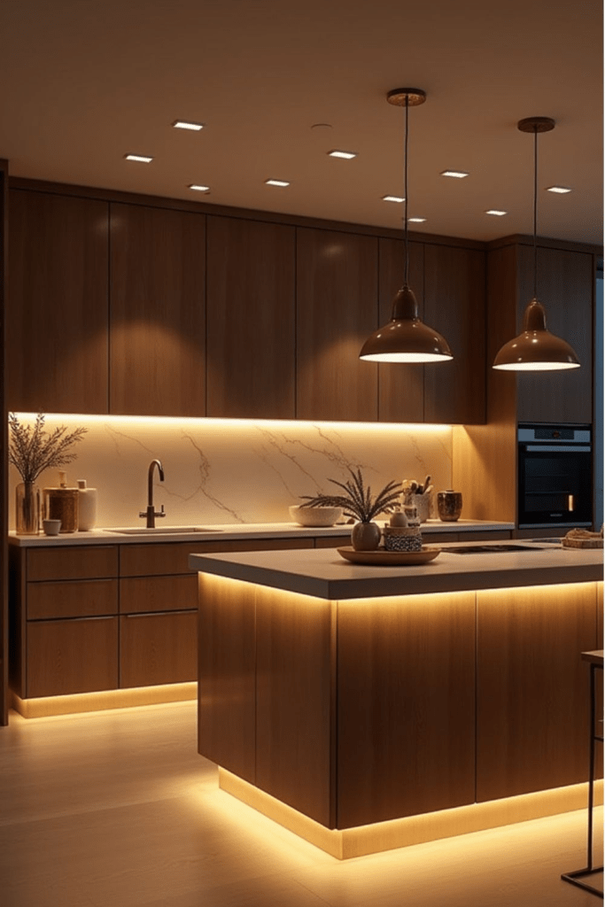 “Modern kitchen with warm LED under-cabinet lighting and wood panel cabinetry, featuring a marble backsplash, sleek island, and minimalist pendant lights. Cozy and elegant kitchen lighting design idea for contemporary homes.”