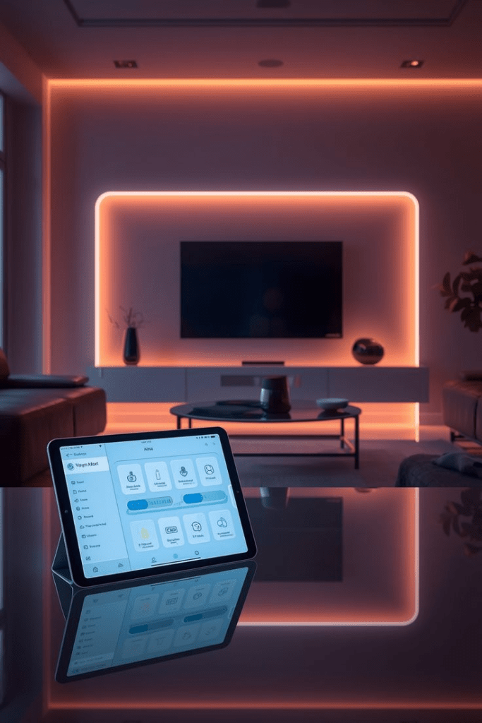 “Smart home living room with ambient LED backlighting behind TV, orange mood lighting, and modern tablet control panel for connected home automation. Futuristic minimalist design idea for tech-savvy interiors and smart lighting inspiration.”