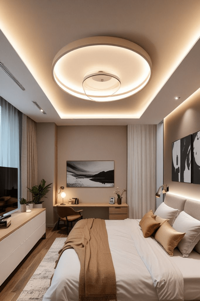 “Modern cozy bedroom with ambient LED ceiling lighting, minimalist decor, and neutral beige tones. Contemporary interior design featuring elegant bed setup, warm throw blanket, and natural wooden furniture for a relaxing luxury atmosphere.”